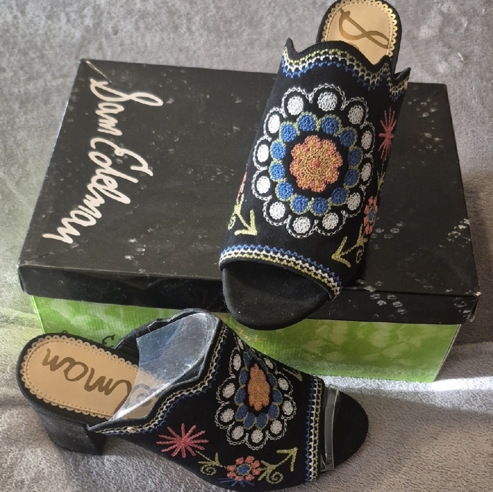 *NEW*Sam Edelman Black Embroidered Women's Mules